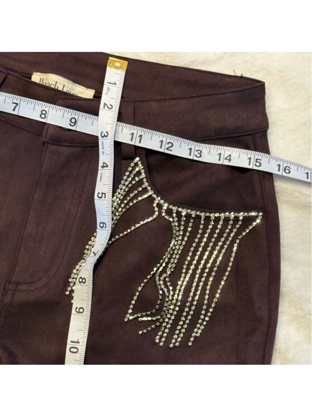 Peach Love Brown Rhinestone Fringe Shorts Small - Picture 10 of 11